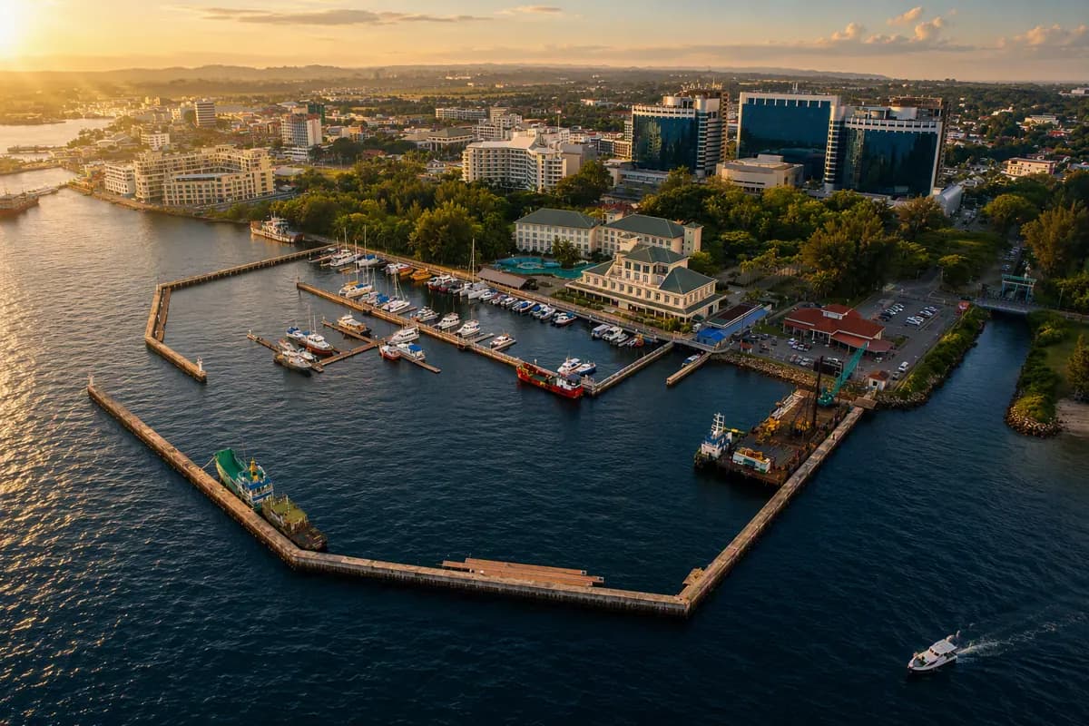 Labuan Marina at sunset, with the Financial Park towers behind.