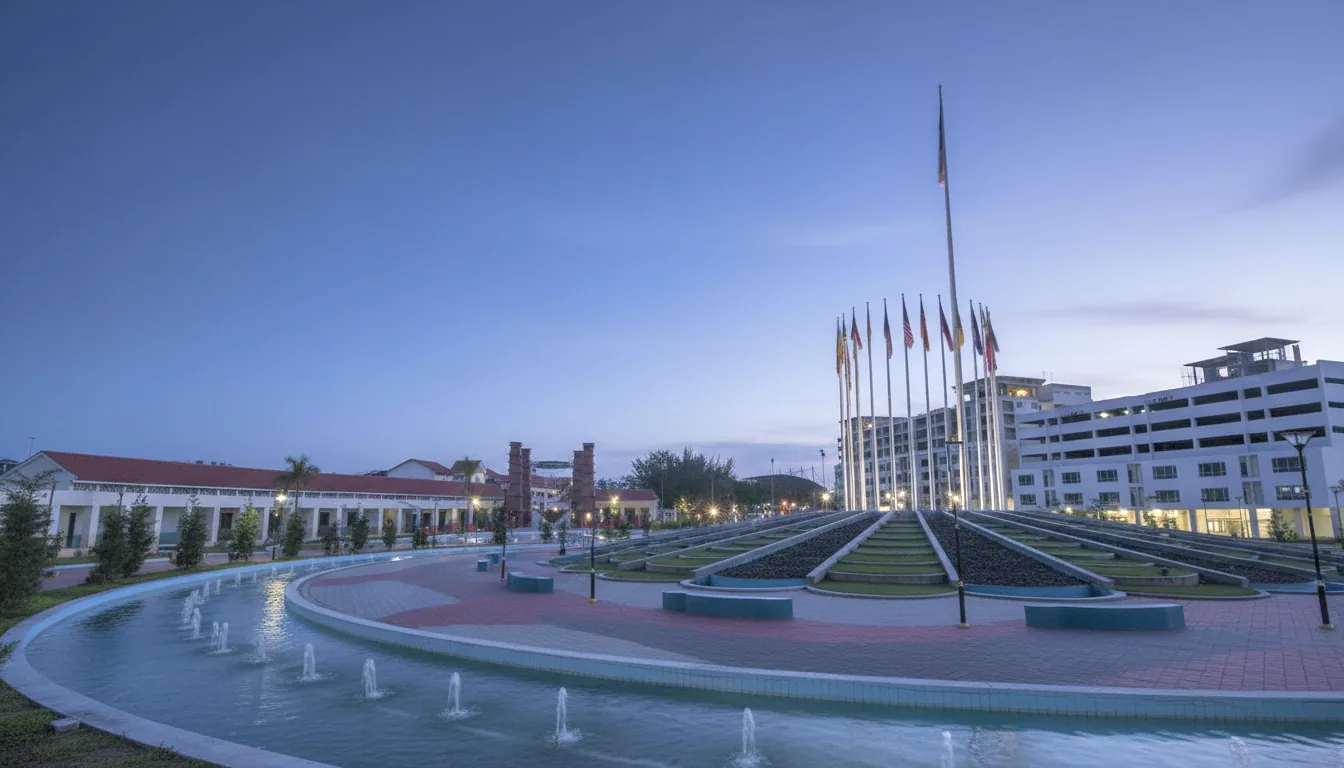 Labuan Square (Dataran Labuan) at dusk — the flag mall, terraced lawns and lit fountains.